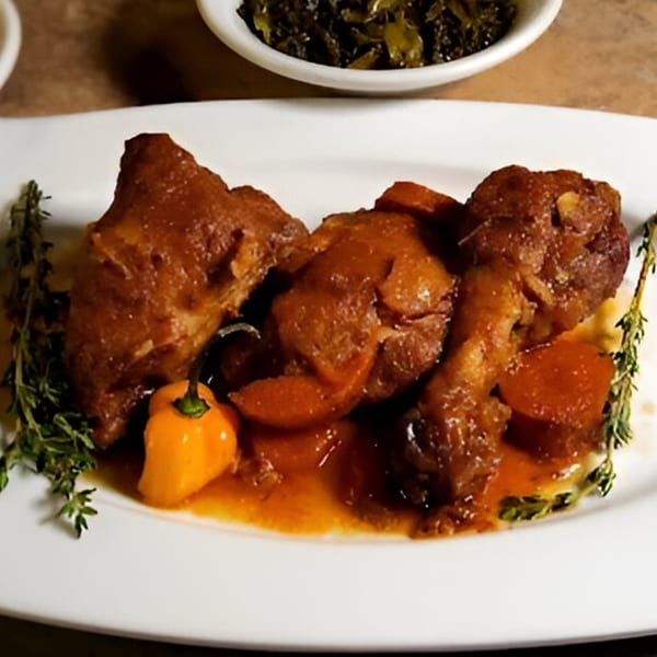 Caribbean-style braised meat with a whole Scotch bonnet pepper and fresh thyme on a white plate.